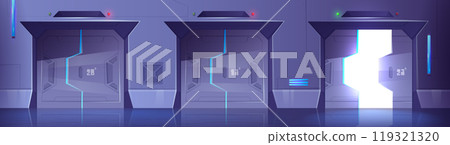 Futuristic spaceship wall with open, closed gates Futuristic spaceship wall with open, closed gates 119321320