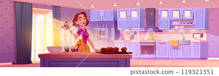 Woman with cupcakes in kitchen vector illustration 119321351