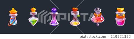 Set of magic elixir bottles isolated on black 119321353