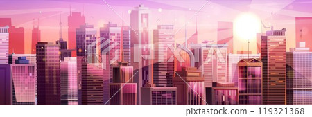 Pink sunset sky with cartoon cityscape vector 119321368