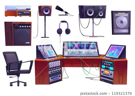 Cartoon set of sound recording studio equipment 119321370