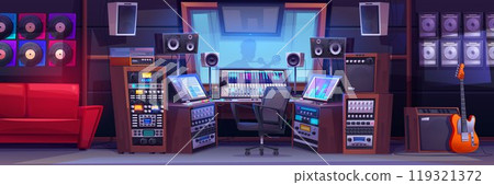 Music recording studio interior with equipment. 119321372