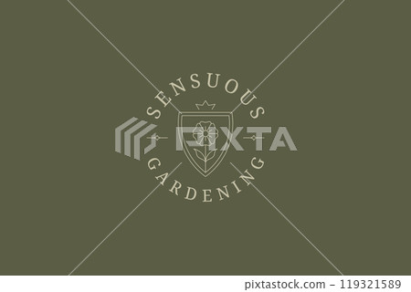 Elegant blossom flower in shield with crown line art logo design template vector illustration Elegant blossom flower in shield with crown line art logo design template vector illustration 119321589
