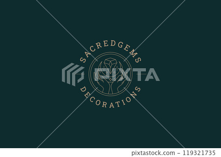 Mythic meditation hands with crescent and gem circle line art logo design template vector 119321735