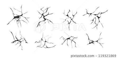 Cracked glass, wall, egg, fissures in ground top view. Set concrete, crevices from disaster, surface from earthquake, Ruined breaked land surface doodle, hand drawn Cracked glass, wall, egg, fissures in ground top view. Set concrete, crevices from disaster, surface from earthquake, Ruined breaked land surface doodle, hand drawn 119321869