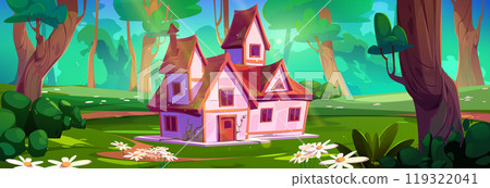 Country house in summer forest on sunny day Country house in summer forest on sunny day 119322041