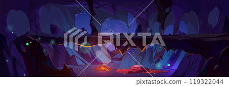 Cave shelter with fire and mat vector background 119322044