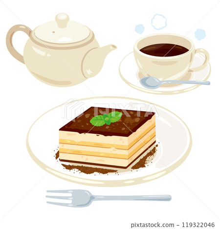 Tiramisu on a plate and coffee set 119322046