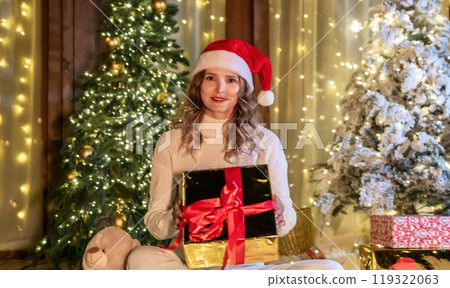 Woman Christmas Gift Present - Young woman wearing a Santa hat holds a gift box in front of a Christmas tree. Woman Christmas Gift Present - Young woman wearing a Santa hat holds a gift box in front of a Christmas tree. 119322063