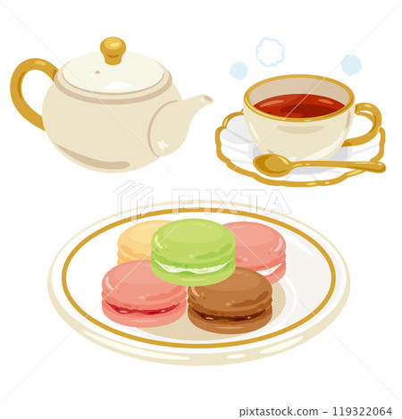 Various kinds of macaroons on a plate and a tea set 119322064