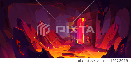 Magic stone portal and lava flow inside volcano 119322069