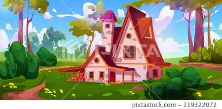 Cute house with wooden windows and doors in forest Cute house with wooden windows and doors in forest 119322072
