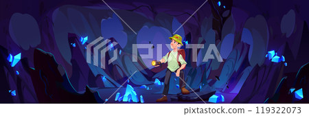 Man looking for crystal treasure inside mine cave 119322073