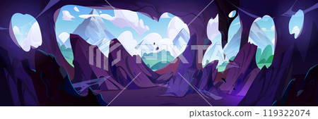View of mountains and forest from inside cave. View of mountains and forest from inside cave. 119322074
