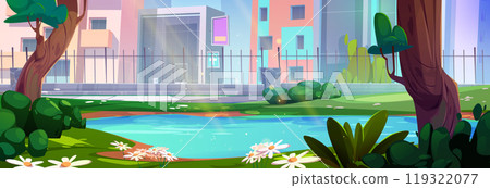 Lake near fence in city park vector background 119322077