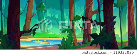 Forest nature with lake and tree landscape vector 119322080