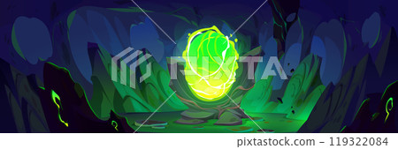 Magic stone portal in cave with green lake 119322084
