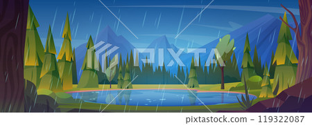 Forest lake nature landscape background with rain 119322087
