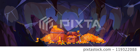 Gold coin and treasure in mine cave background 119322088