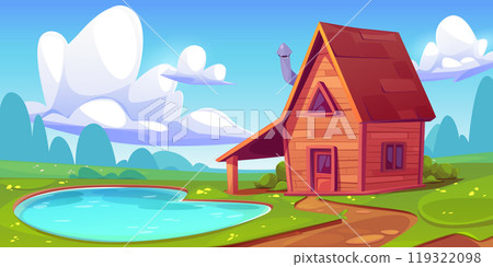 Wooden cabin on shore of lake 119322098