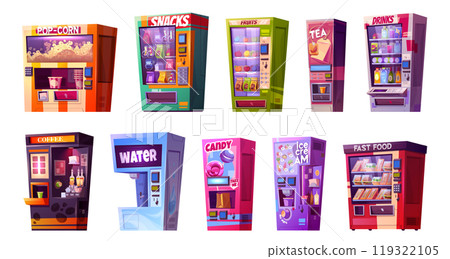 Vending machine icon with snack, candy and popcorn Vending machine icon with snack, candy and popcorn 119322105