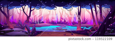 Fairy tale forest landscape with lake 119322109