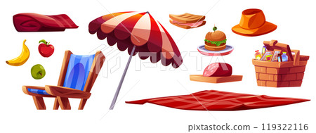 Picnic basket, food and blanket summer cartoon set Picnic basket, food and blanket summer cartoon set 119322116