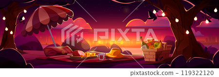 Romantic picnic with basket in city park on sunset 119322120