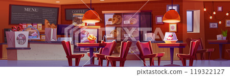 Bakery shop interior with counter cartoon vector 119322127