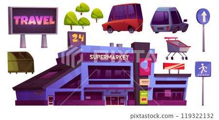 Supermarket store and car parking exterior set Supermarket store and car parking exterior set 119322132