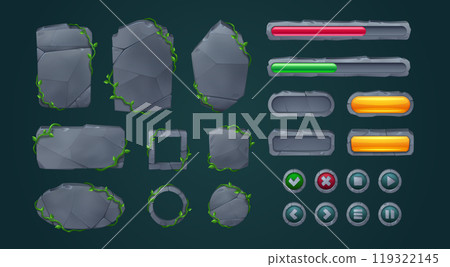 Stone game menu element, cartoon board and button 119322145