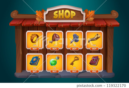 Fantasy game shop ui interface with buy button Fantasy game shop ui interface with buy button 119322170