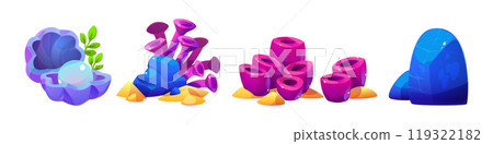 Sponge seaweed plant and pearl in shell vector set Sponge seaweed plant and pearl in shell vector set 119322182
