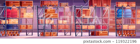 Warehouse interior with boxes on shelves Warehouse interior with boxes on shelves 119322196