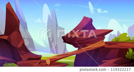 Rocky cliff with bridge made of wooden log. Rocky cliff with bridge made of wooden log. 119322217