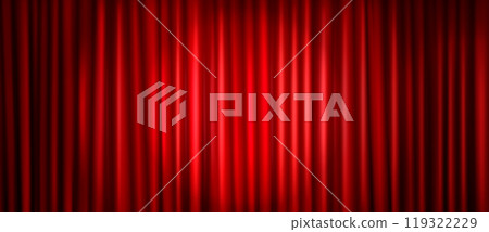 Closed red theater stage curtain with spotlight. Closed red theater stage curtain with spotlight. 119322229
