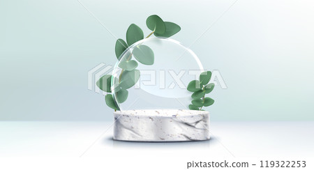 Stone cylinder product podium with green leaves Stone cylinder product podium with green leaves 119322253
