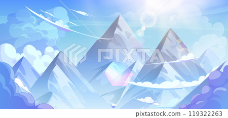 Peaks of high rocky mountains above clouds. 119322263