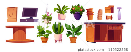 Flower shop interior furniture and plants set 119322268