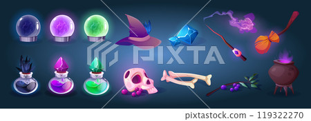 Sorcerer or witch magic stuff game cartoon icons. Sorcerer or witch magic stuff game cartoon icons. 119322270