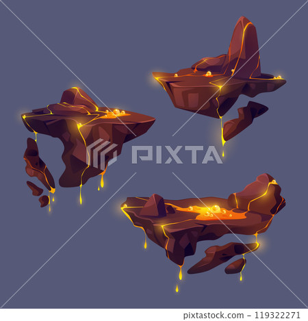 Floating islands of rocky land with lava eruption Floating islands of rocky land with lava eruption 119322271