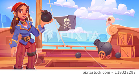 Female pirate character with bomb on ship Female pirate character with bomb on ship 119322292