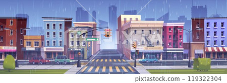 City street intersection in rainy weather 119322304