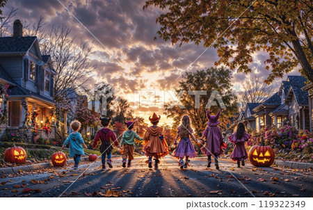Children holding hands walking down a suburban street at sunset while trick or treating on Halloween 119322349