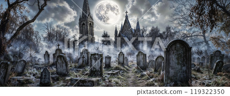 Haunted Graveyard with Gothic Church and Full Moon 119322350