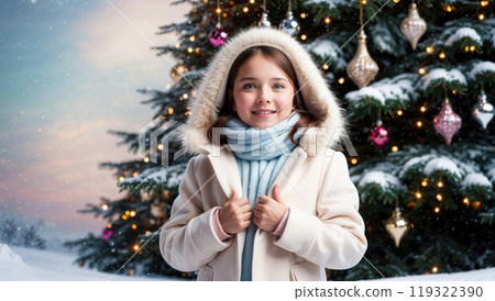 Young girl is smiling near a decorated Christmas tree while snow is falling Young girl is smiling near a decorated Christmas tree while snow is falling 119322390