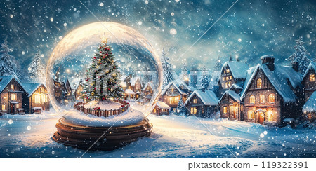 Christmas snow globe showing idyllic village during snowfall at night Christmas snow globe showing idyllic village during snowfall at night 119322391