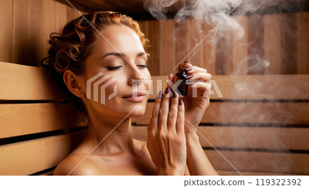 Beautiful woman relaxing in sauna and smelling essential oils 119322392