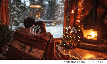 Romantic couple embracing and enjoying winter wonderland view in a cozy Christmas cabin 119322398