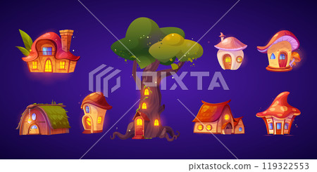 Set of cute fairytale houses at night 119322553